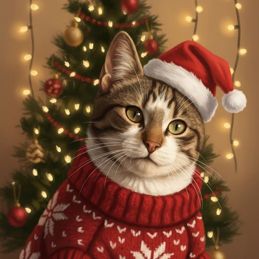 A tabby cat in a red Christmas sweater and Santa hat.