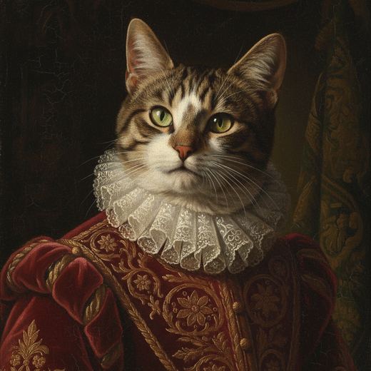 A tabby cat painted as a Renaissance noble in dark velvet.
