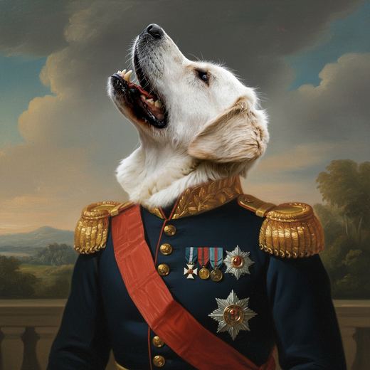 The retriever in a navy officer's uniform with gold epaulettes and medals.