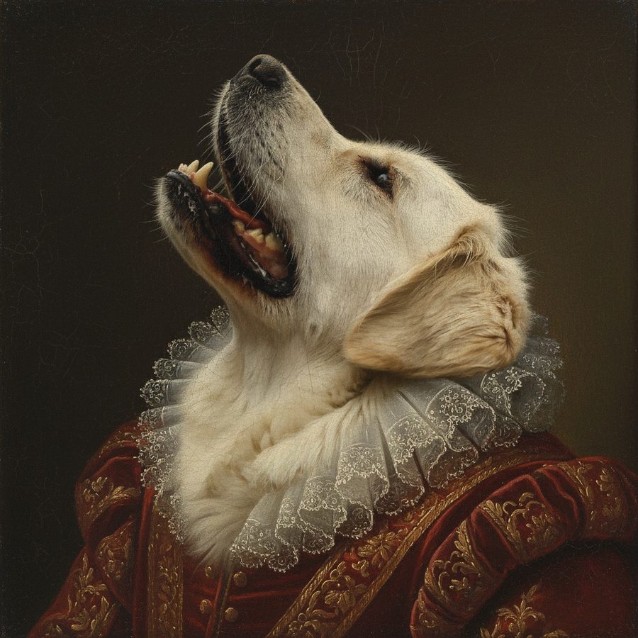 The same golden retriever painted as a Renaissance noble in red velvet robes and a lace ruff.